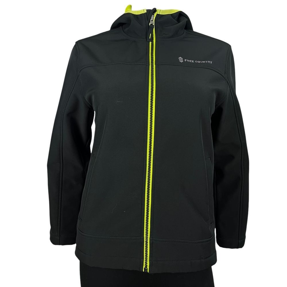 Free Country Black Hooded Athleisure Performance‎ Jacket Neon Lined Youth 10/12